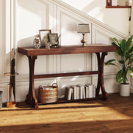 Giantex 52" Narrow Console Table, Vintage Accent Entryway Table with Open Storage Shelf, Long Wooden Behind Couch Sofa Table with Anti-tip Kit for Small Spaces Living Room Hallway (Walnut)
