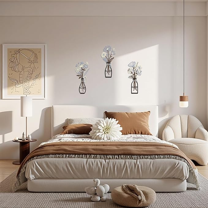 Iron Metal Vase Flower Wall Art Minimalist Black Floral Decor for Living Room Bedroom Kitchen, Office Garden - Modern Farmhouse Home Decor & Housewarming Gifts (Beige-Blue No Text)