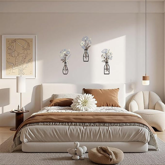 Iron Metal Vase Flower Wall Art Minimalist Black Floral Decor for Living Room Bedroom Kitchen, Office Garden - Modern Farmhouse Home Decor & Housewarming Gifts (Beige-Blue No Text)