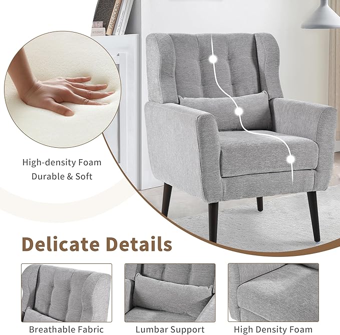 Modern Accent Chair, Upholstered Arm Chair with Waist Pillow, Single Sofa Chair for Living Room Bedroom Small Spaces (Light Gray)