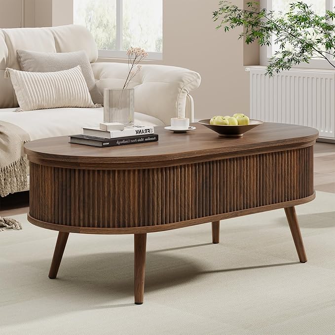 Mid Century Oval Coffee Table, Fluted Center Table with Lift Top, Modern Dining Table with Storage for Living Room Home Office, 39.4", Walnut