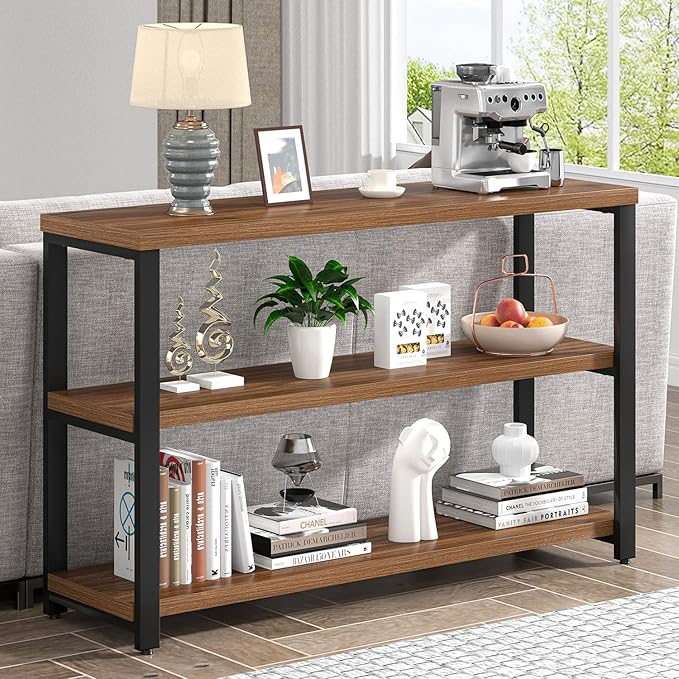 EXCEFUR 47" Entryway Table, Industrial Console Table for Living Room & Hallway, 3-Tier Storage Sofa Table Behind Couch, Walnut