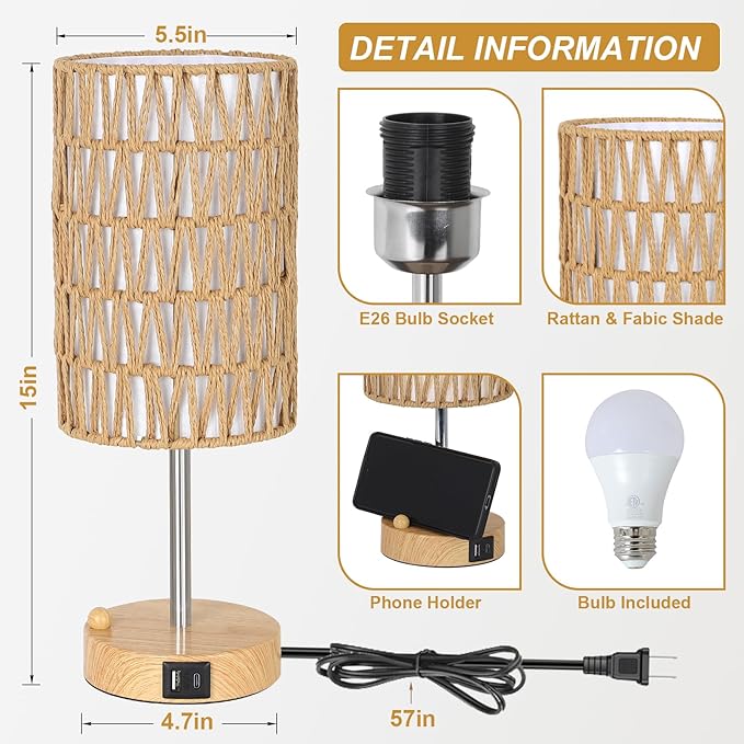 Bedside Lamps Set of 2 with Bulb, Touch Control Nightstand Lamp for Bedroom with Rattan & Linen Shade, 3 Way Dimmable Small Boho Table Lamps with USB Charging Port & Phone Stand