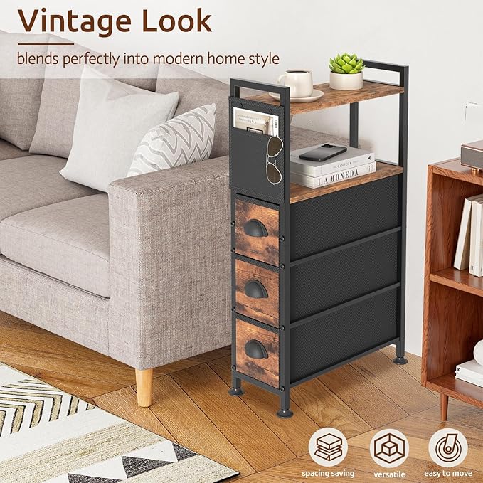 3 Drawer Narrow Dresser Side End Table Small Spaces, Slim Nightstand Bedside Sofa Table with Wheels, Space Saving Skinny Thin Couch Desk with Storage Bag for Bedroom Living Room Bathroom,Black