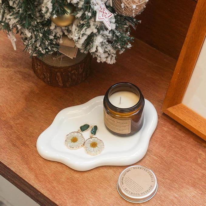 Ceramic Jewelry Tray Trinket Dish, Decorative Cloud Vanity Key Tray for Women, Ring Holder Dish, Cute Jewelry Plate Bowl Room Decor Aesthetic, White, Medium