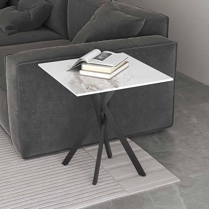White Marble Side Coffee Table with Metal Legs, Samll Sintered Stone Square Modern End Table for Living Room Sofa Table Home Bed Office (1 Piece, 20"×20"×22")