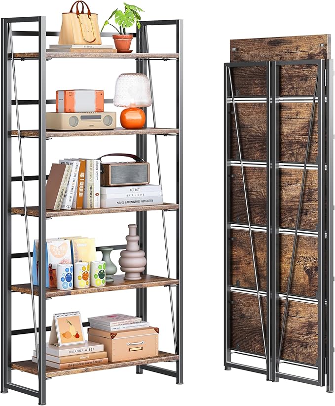 4NM No Assembly Folding Bookshelf, 5-Shelf 62.2" H Collapsible Foldable Bookcase Storage for Small Spaces, Rustic Brown and Black