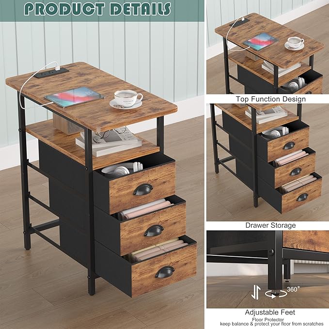 End Table with Charging Station,LED Side Tables with USB Ports and Outlets,Narrow Nightstands Bedside Tables with 3 Fabric Drawers for Small Space,Slim Sofa Table for Livingroom, Rustic Brown