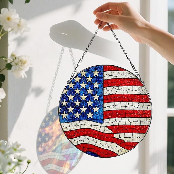 Stained Glass Window Hanging, Pauyadu 8 Inch American Flag Stained Glass Suncatcher, Patriotic Home Decor, Window Decor, USA Flag Gift Ideas, Patriotic Themed Gifts, Gifts for Women and Men