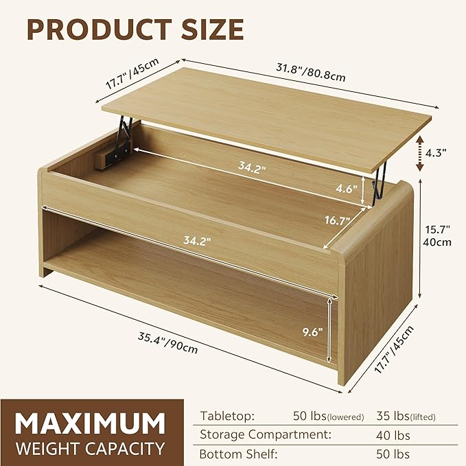 Lift Top Coffee Table, 35'' Modern Coffee Table with Hidden Compartment & Open Shelf, Curved Profile Design, Converts to Home Office Table, Dining Table, Center Table for Living Room, Natural