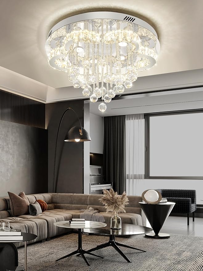 Flashing God W24inches Modern Chandelier for Dining Room Raindrop Crystal Chandelier Luxury Flush Mount Ceiling Light Fixture Ceiling Lamp for Hallway Bedroom Living Room Kitchen