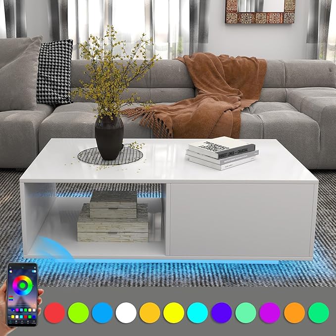 COSVALVE Modern White LED Coffee Tables for Living Room with Drawer & 16-Color LED Lights, Rectangle Living Room Sofa Table with Ample Storage Space(23.6" D x 43.3" W x 15.7" H)