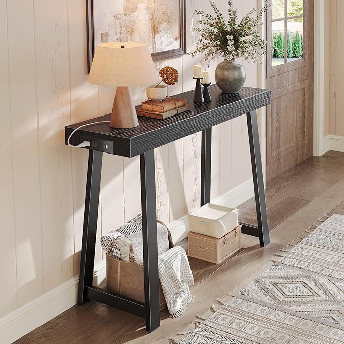 Huuger Entryway Console Table with Charging Station, USB-C Port, 39.4 Inch Sofa Table with Metal Legs, Entry Hallway Table with Thicker Desktop, Modern Behind Couch Table, Black