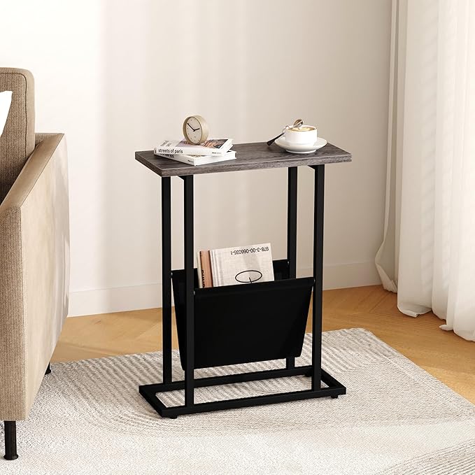Yusong Narrow Side Table for Small Spaces, Small End Table with Magazine Holder, Skinny Slim Little Thin Table for Living Room, Bedroom, Sofa, Grey Oak