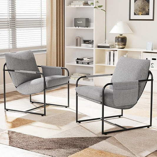 HOMMPA Sling Accent Chair Set of 2, Steel Frame Lounge Arm Chair Living Room Chair with Side Storage Pocket, Reading Accent Chair Mid Century Modern Bedroom Chair Linen Fabric Cover, Flax
