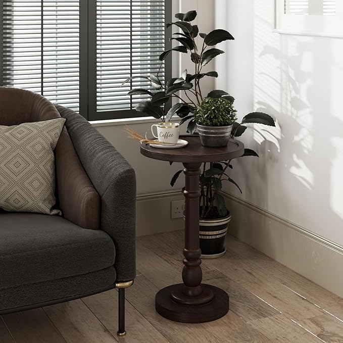 Pedestal Small Drinking Table, Traditional Tray Top End Table, Espresso