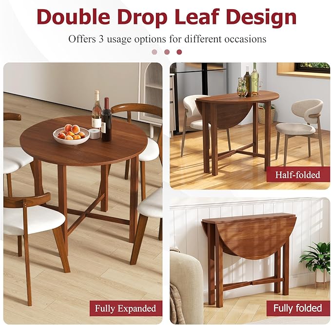 Tangkula 36" Foldable Round Dining Table, Kitchen Table w/Solid Rubber Wood Legs, Dual Drop Leaf Design, Farmhouse Circle Diner Table for 2-4 People, Dining Room, Living Room, Restaurant (Round)