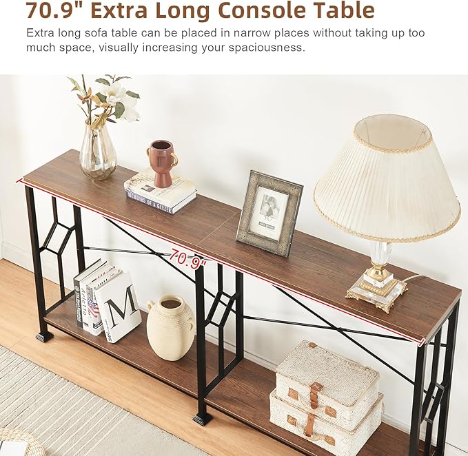 HOMISSUE Long Entryway Console Table, 70.9" Industrial Narrow Sofa Tables Behind Couch with 2 Tier Storage Shelf for Hallway, Living Room, Rustic Brown