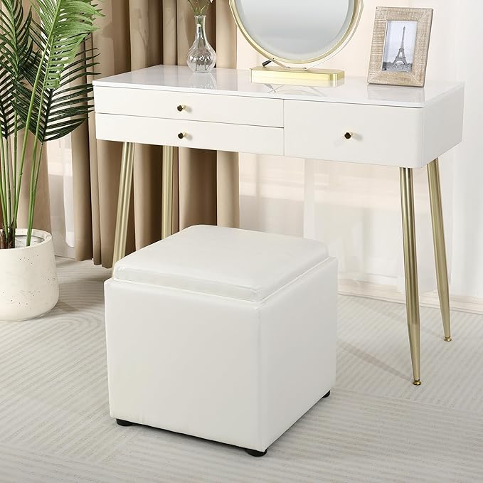 Adeco 17" White Storage Ottoman Cube with Tray Lid, Small Footstool with Storage, Square End Table for Living Room & Bedroom
