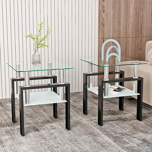 Glass Side Table 2-Tier Modern Glass Top Corner Table Living Room Side Table with Metal Leg for Living Room, Dining Room, Bedroom (2, Clear)