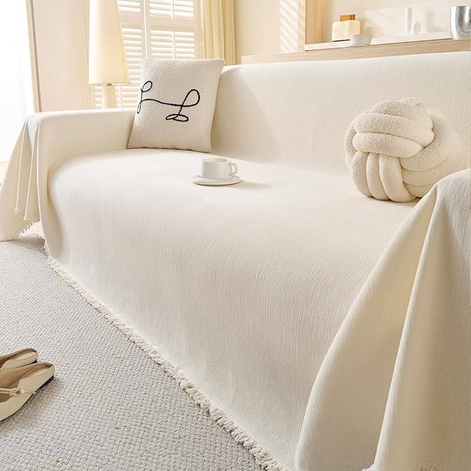 100% Waterproof Couch Cover for Pets Washable Sofa Covers for 3-4 Cushion Couch Sofa SlipCover for Dogs Pet-Friendly Furniture Protector for Living Room with Tassel(71" x 134", Beige)