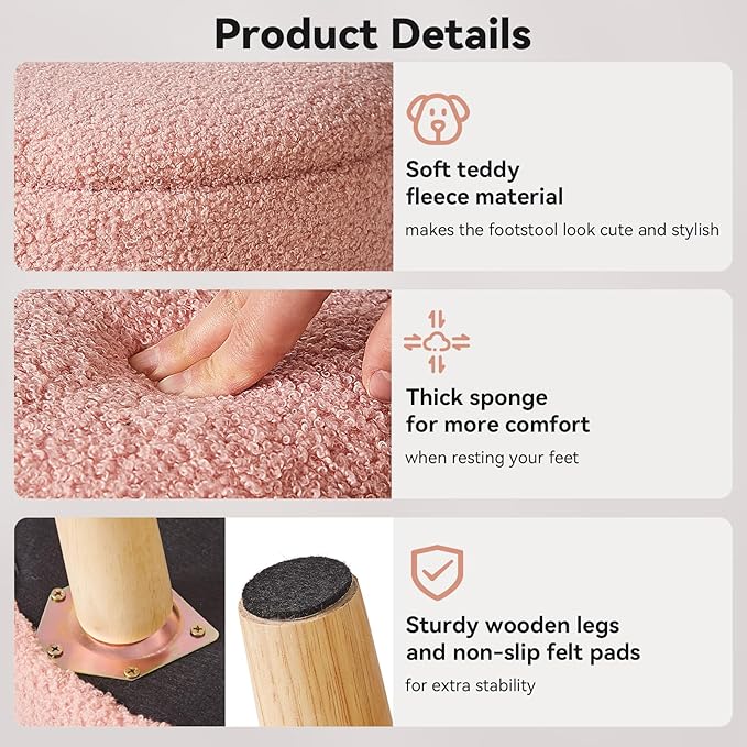 IBUYKE 13 Inch Foot Stool Ottoman with Storage, Round Small Foot Rest with Padded Seat and Wood Legs, Teddy Velvet Mini Footstool for Living Room Couch Bedroom Entryway, Pink WBD006P