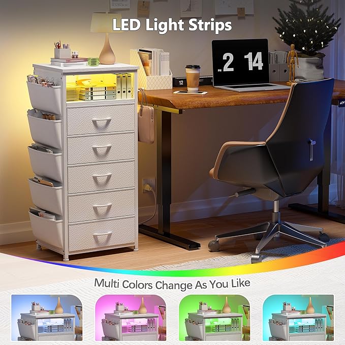 EnHomee Tall Night Stand with 5 Drawers, LED Nightstand with Ports & Outlets, White Dresser with Extra Side Bag & Storage Shelf & Hooks, Bedroom, Dorm, Closet