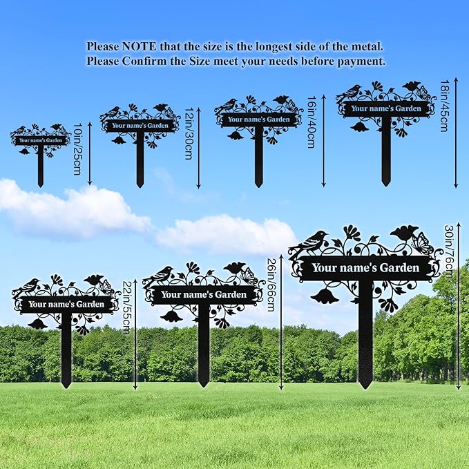 Personalized Garden Signs with Stake, Custom Garden Signs Metal for Outdoor Waterproof, Customized Metal Name Sign, Birds Flowers Design Home Patio Yard Decor Gardening Gift
