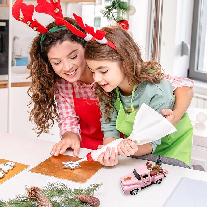 Pink Gingerbread Christmas Decor Vintage Farmhouse Metal Truck with Mini Xmas Tree Gingerbread Man Hot Cocoa Candy Canes Pastel Ginger Bread Christmas Table Decorations for Holiday Mantel Home Kitchen
