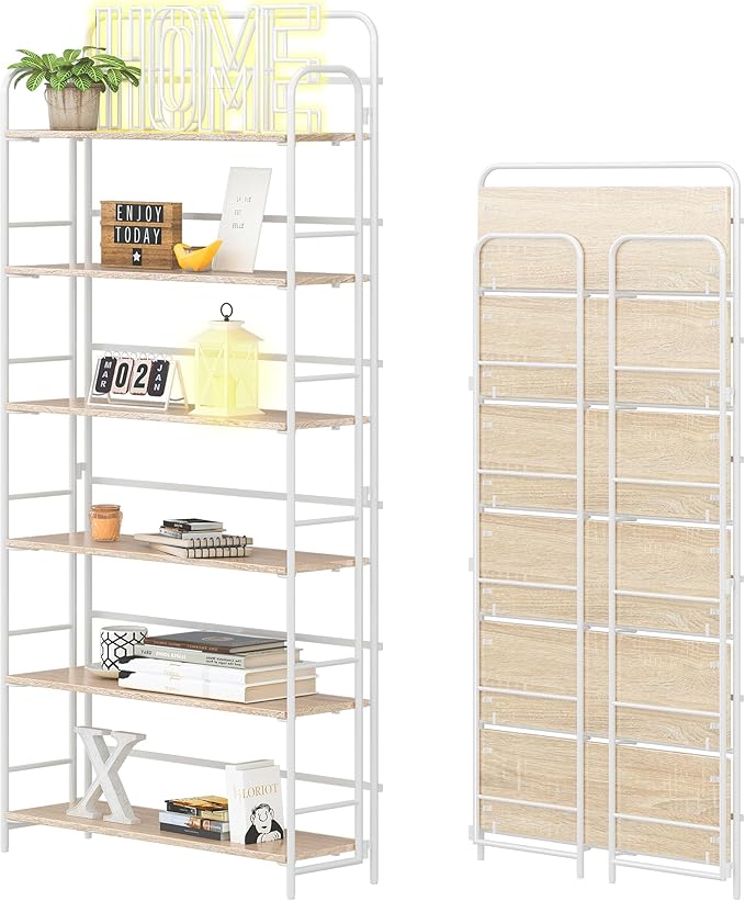 4NM No Assembly Folding Bookshelf, 6 Tiers Collapsible Book Shelves Open Industrial Foldable Storage Bookcase Shelf for Bedroom, Living Room, Home Office - Natural and White