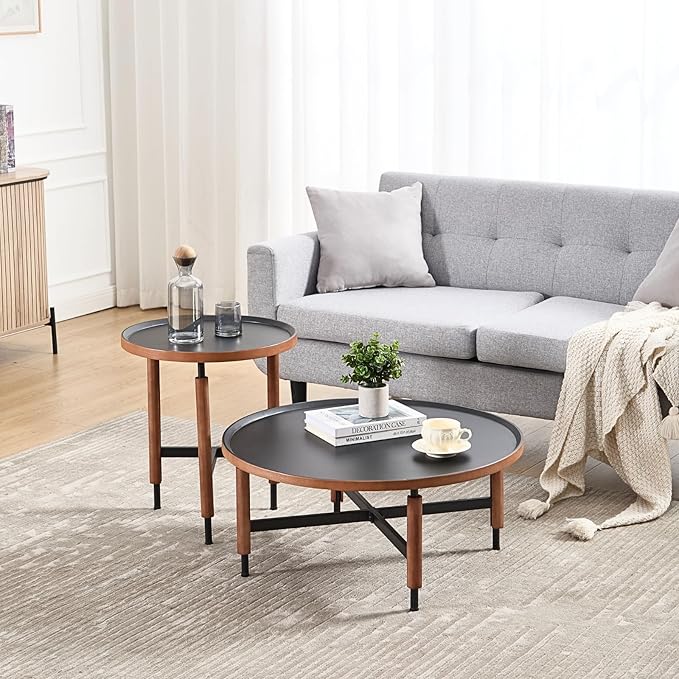 LukeAlon Modern Round Side Table for Living Room - Circle Wooden Table Top with Black Cross Legs Base, Rustic, Vintage, Easy Assembly, Black (19" D x 19" W x 21.5" H)