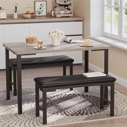 Garvee Dining Table Set for 4, 3-Piece Kitchen Table with 2 Upholstered Benches, Space-Saving Dining Room Set for Breakfast Nook and Small Spaces, Grey