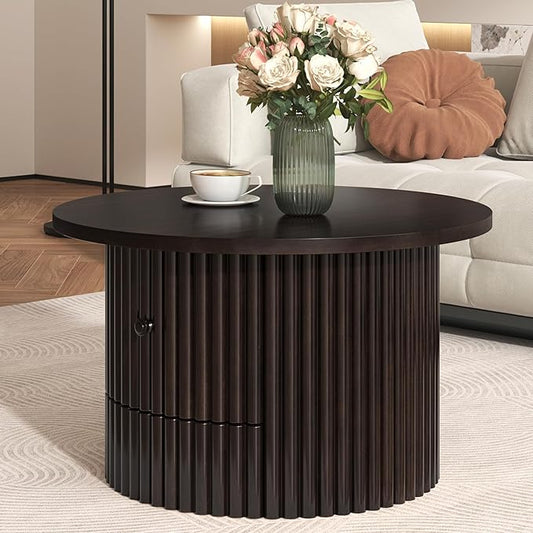 Harper & Bright Designs Round Coffee Table for Living Room in Dark Brown, Farmhouse Coffee Table with a Drawer, Center Table with Vertical Slat Base in 30.5"