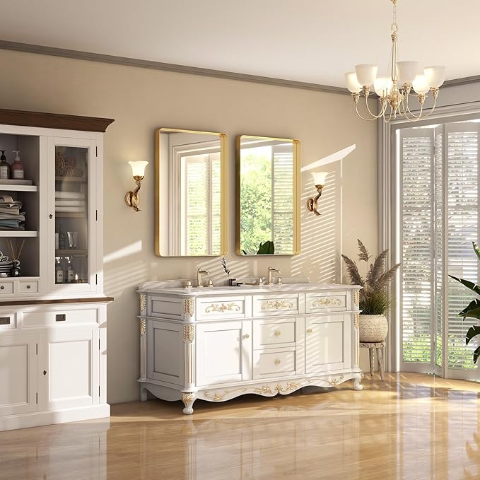 30 x 22 Inch Gold Bathroom Mirror for Wall,Aluminum Alloy Frame Rectangular Wall Mounted Mirror for Farmhouse Decor Horizontal or Vertical Ideal for Bedroom, Living Room