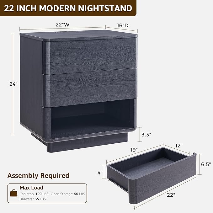 ACCOHOHO Nightstand Set of 2 with Charging Station, 22" Large Modern Bedside Table with 2 Drawers Storage,Push-to-Open End Table for Bedroom,Living Room,Black