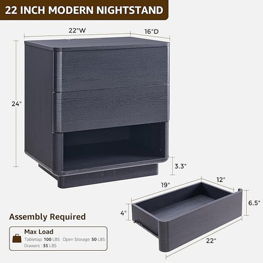 ACCOHOHO Nightstand Set of 2 with Charging Station, 22" Large Modern Bedside Table with 2 Drawers Storage,Push-to-Open End Table for Bedroom,Living Room,Black