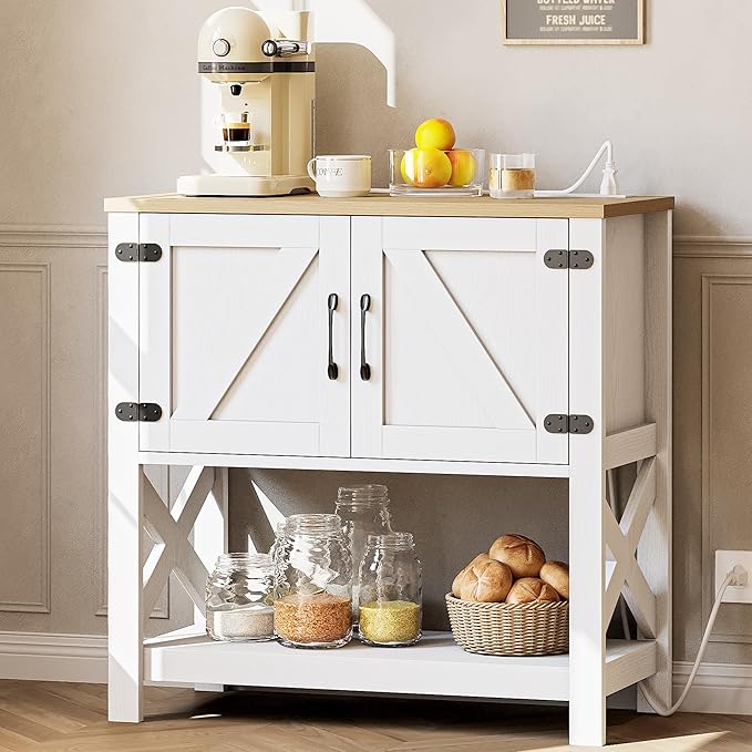 IRONCK Farmhouse Console Table with Storage Cabinet, Entryway Table with Shelf, Coffee Bar with Power Outlets for Hallway Kitchen Living Room, White