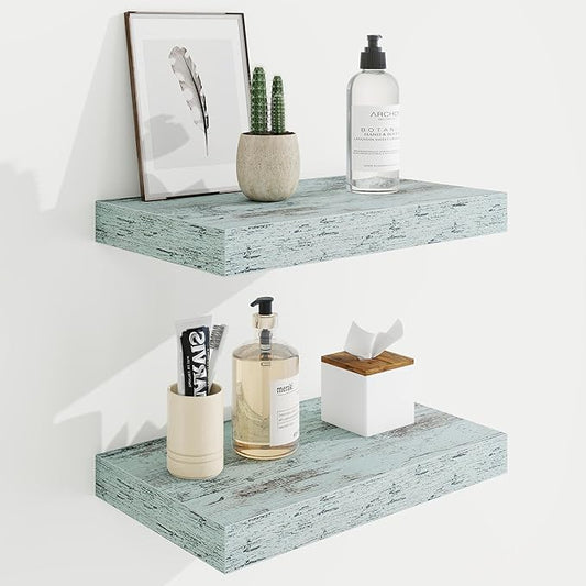 16in Floating Shelves for Wall, 16"W x 9.25"D x 1.25"H, 2 Pack Long Wall Mounted Engineered Wood Shelves with Invisible Brackets for Living Room, Bedroom, Bathroom, Kitchen Decor and Storage, Blue