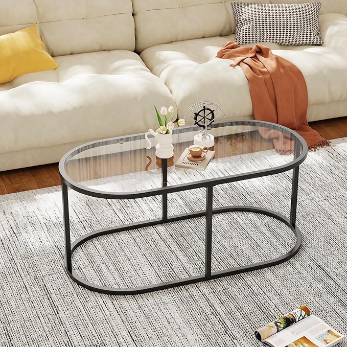 Coffee Table Black Glass Coffee Tables for Living Room, Oval Table Center Table with Sturdy Metal Frame,Modern Tempered Glass Accent Tables for Bedroom Home Office