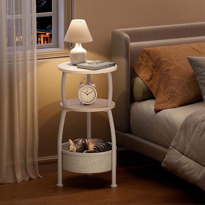 Small Round Side Table for Living Room with Storage Basket –Small Space Saving End Table 3-Tier Nightstand Couch Corner Stand Bedroom, Garden and More 24in Tall Matte White