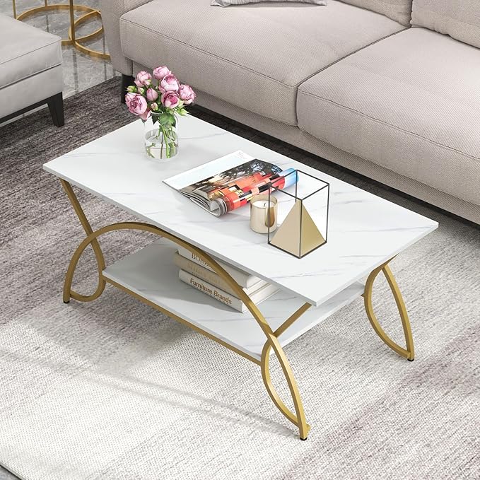 Giantex 2-Tier Rectangular Coffee Table, Faux Marble Table with Open Storage Shelf, Gold Finished Metal Frame, Modern Center Table for Living Room, Reception Room (White+Gold)