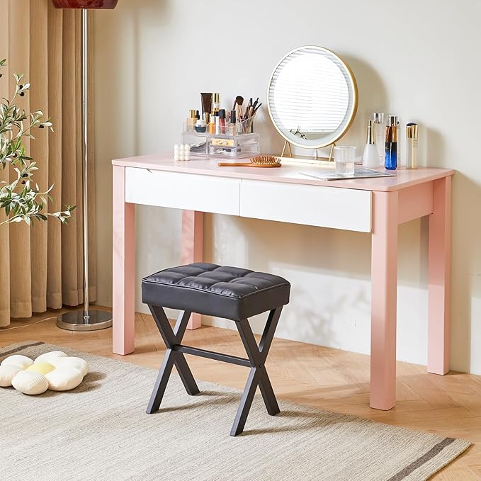 IBUYKE Square Makeup Stool with X-Leg Foot Rest, PU Footrest, Ottoman Seat Vanity Stool, Multi-Use as Small Side Table, for Bedroom, Living Room, Black LG-71B