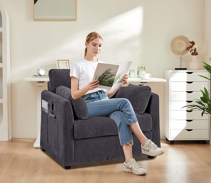 Modern Accent Chair Living Room Chairs in Corduroy Fabric,Reading Chair Sofa Couch for Apartment and Small Spaces. (Grey, Chair)