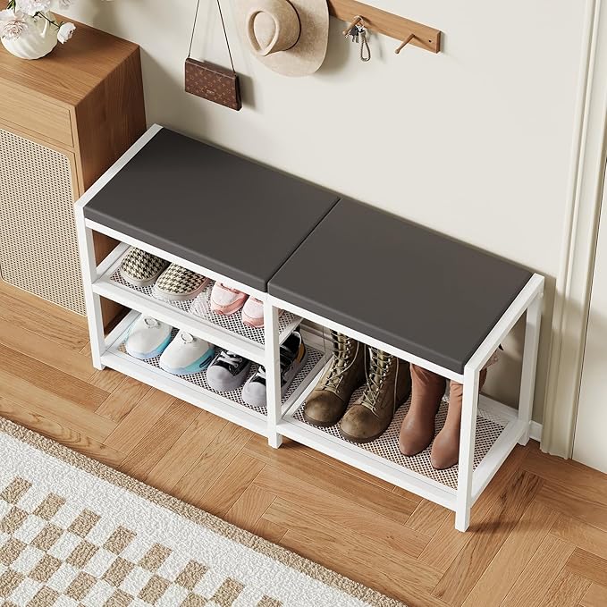 ZHOOGE Shoe Bench & Rack Storage Bench with Seat Cushion, Stable Entryway Bench Holds Up to 300 lb, (35" L x 12" W x 17" H, White)