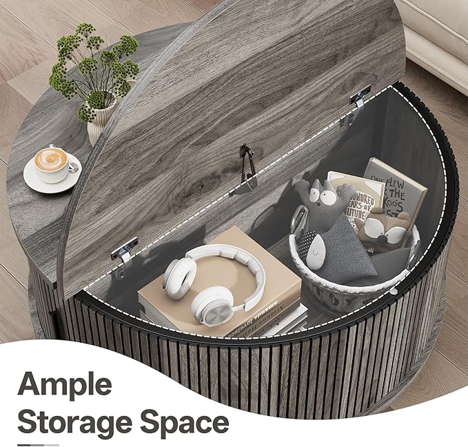 Mid Century Round Coffee Table, Fluted Center Table with Sliding Door, Modern Dining Table with Storage for Home Living Room Office, 31.5", Gray