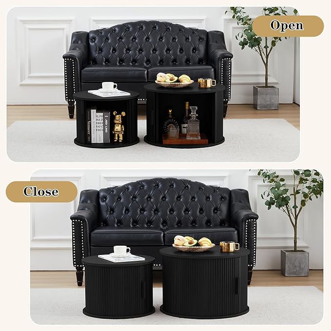 Round Coffee Table, 2 Piece Coffee Table Set with Storage Space and Sliding Door, Modern Fluted Coffee Side Table for Living Room, Office, Bedroom (Black)