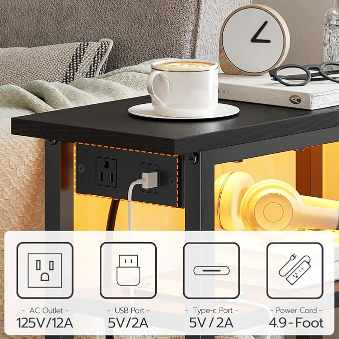 HOOBRO Narrow Side Table with Charging Station and LED Light, Small End Table with Storage, Skinny Nightstand with USB Port, Slim Bedside Table for Small Spaces, Living Room, Black BB242UDBZ01
