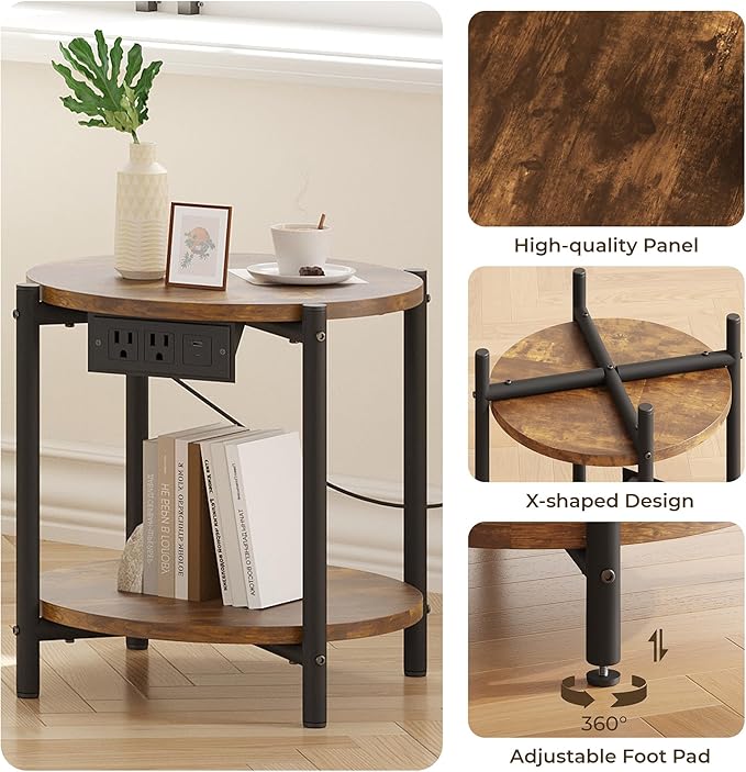 LIKIMIO Round End Tables, Set of 2, 16" W Small Round Side Tables with Charging Station, 2-Tier Modern Nightstands for Small Spaces, Living Room, Bedroom, Rustic Brown