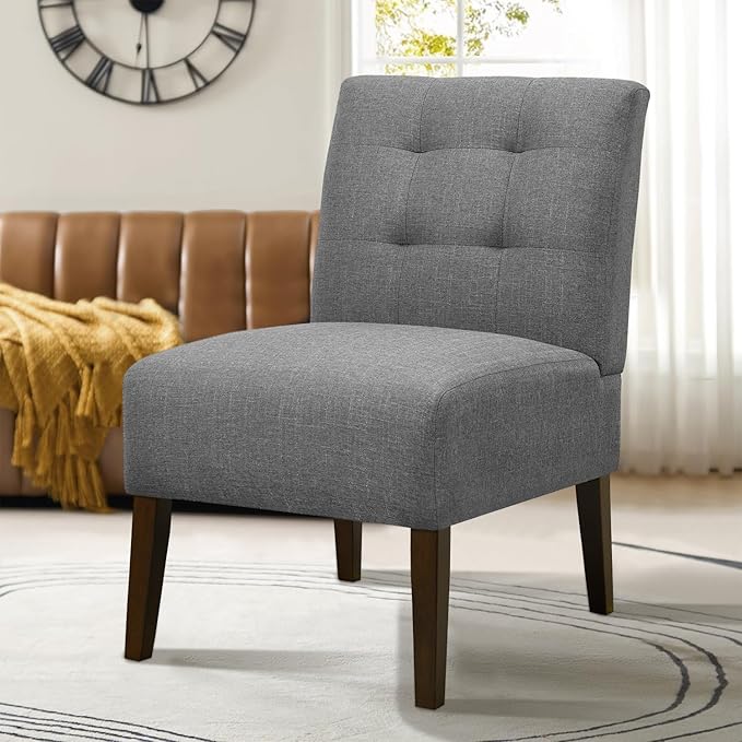 Slipper Accent Chair Modern Armless Lounge Chair with Wood Legs Upholstered Makeup Vanity Tufted Side Chair Fabric Comfy with Decor Back for Living Room Bedroom Patio (Pin Back, Grey)