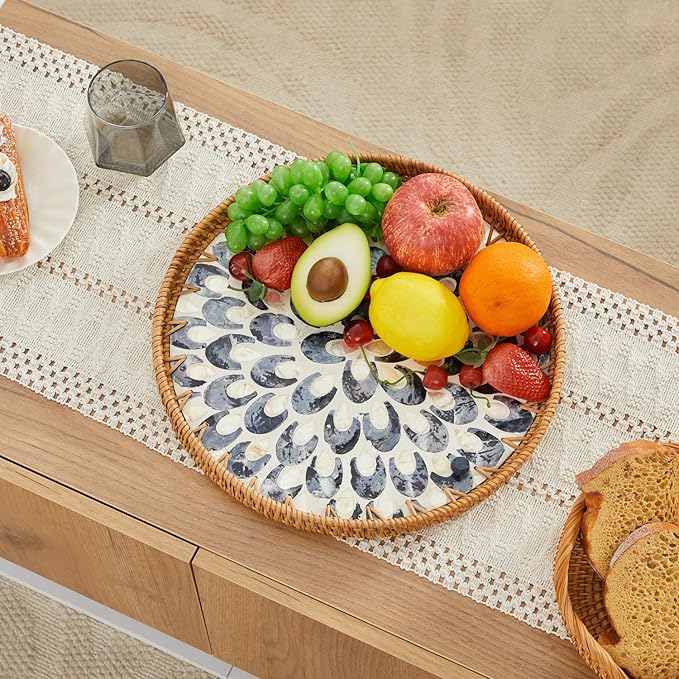 Shellac Rattan Tray with Mother of Pearl Inlay, Round Decorative Serving Tray for Home Décor Coffee Table Storage and Display, 100% Natural Materials - Ottoman Tray Black 12"